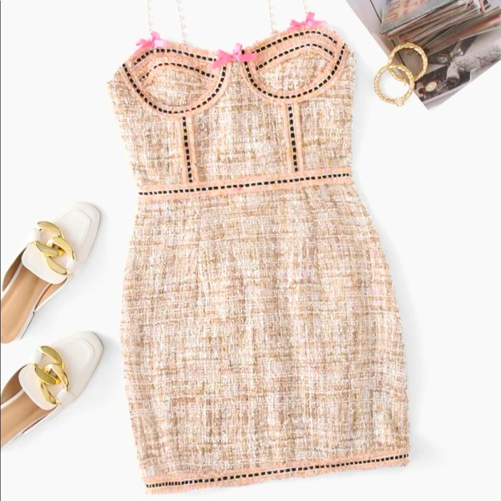 Bow front pearl detail tweet corset mini dress